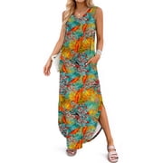 Fantaslook Summer Maxi Dresses for Women V Neck Tank Dress Vacation Beach Floral Sundresses with Pockets