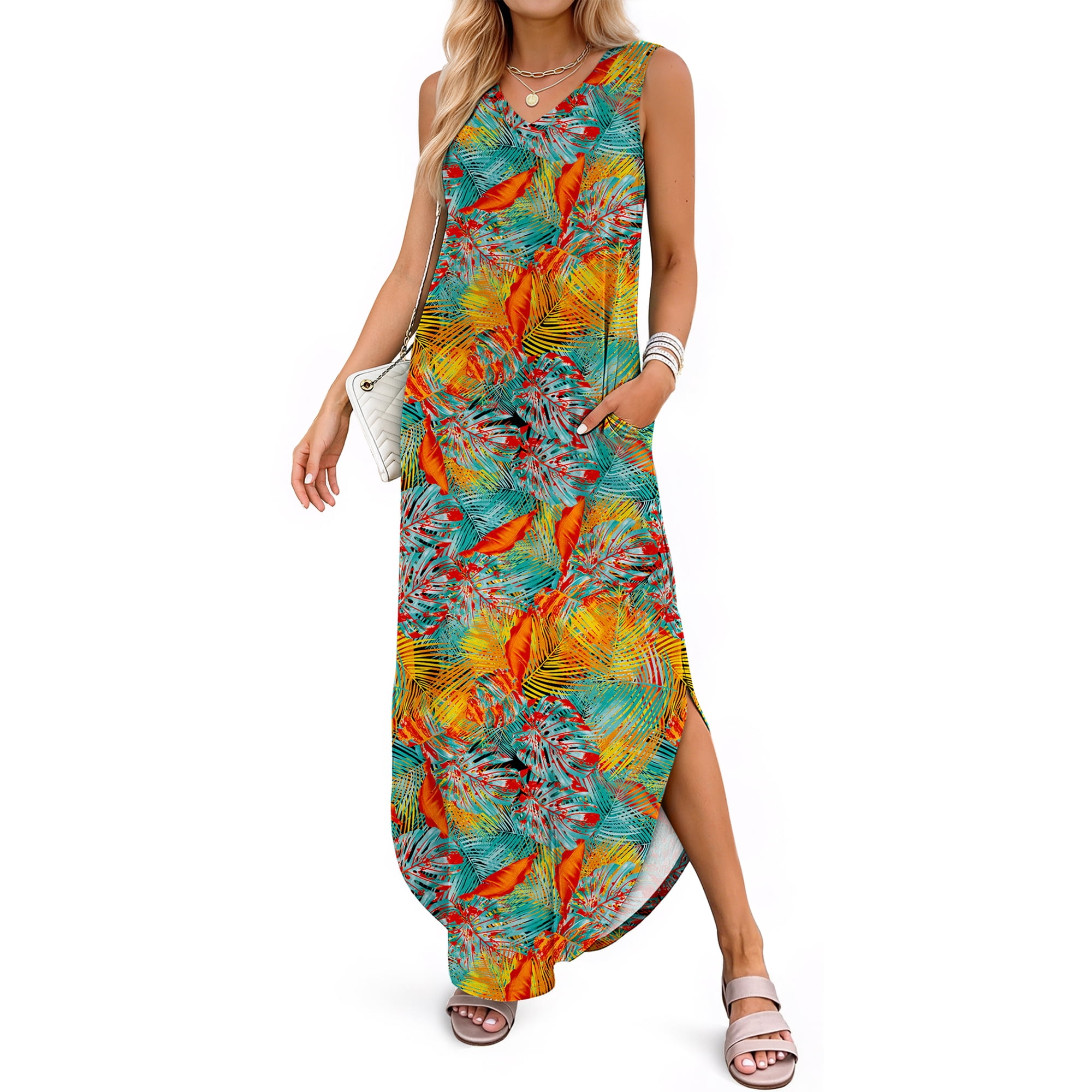 Fantaslook Summer Maxi Dresses for Women V Neck Tank Dress Vacation Beach Floral Sundresses with Pockets