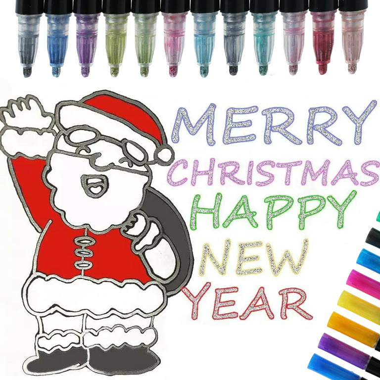 YISAN Outline Markers, Glitter Markers,Metallic Pens,Shimmer Marker  Set,Christmas Card Making 12 Colors for Gift Card Writing Drawing，70436
