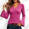 thumbnail image 6 of CQONEPT Womens Ribbed Knit Bell Sleeve Tops Plain Slim Fit V Neck Blouses Dressy Casual Going Out Shirt Tees Daily Wear Work Office Fall Outfits L, 6 of 7