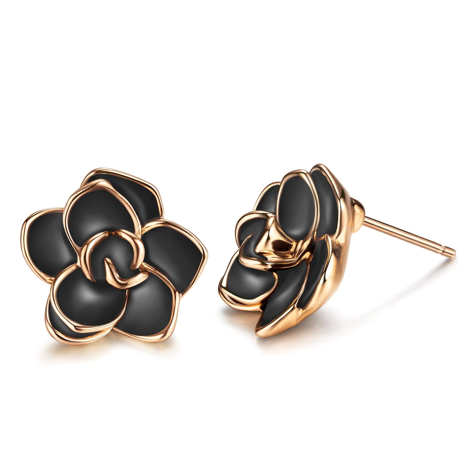 18K Rose Gold Plated Sterling Silver Post Elegant Black Rose Flower Stud Earrings for Women Girls Sensitive Ears