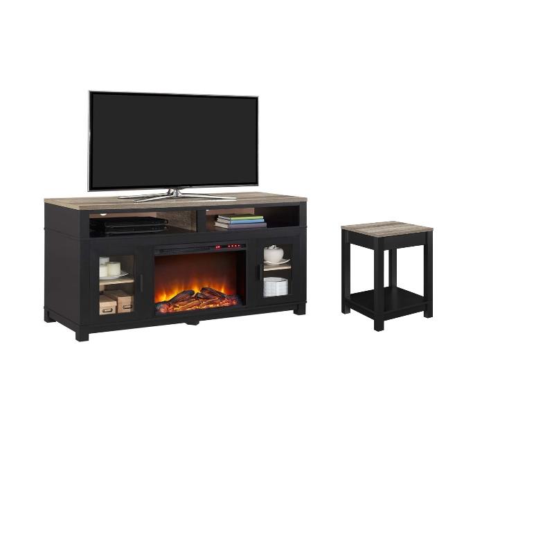 Home Square 2 Piece Set with Fireplace TV Stand and End Table in Black