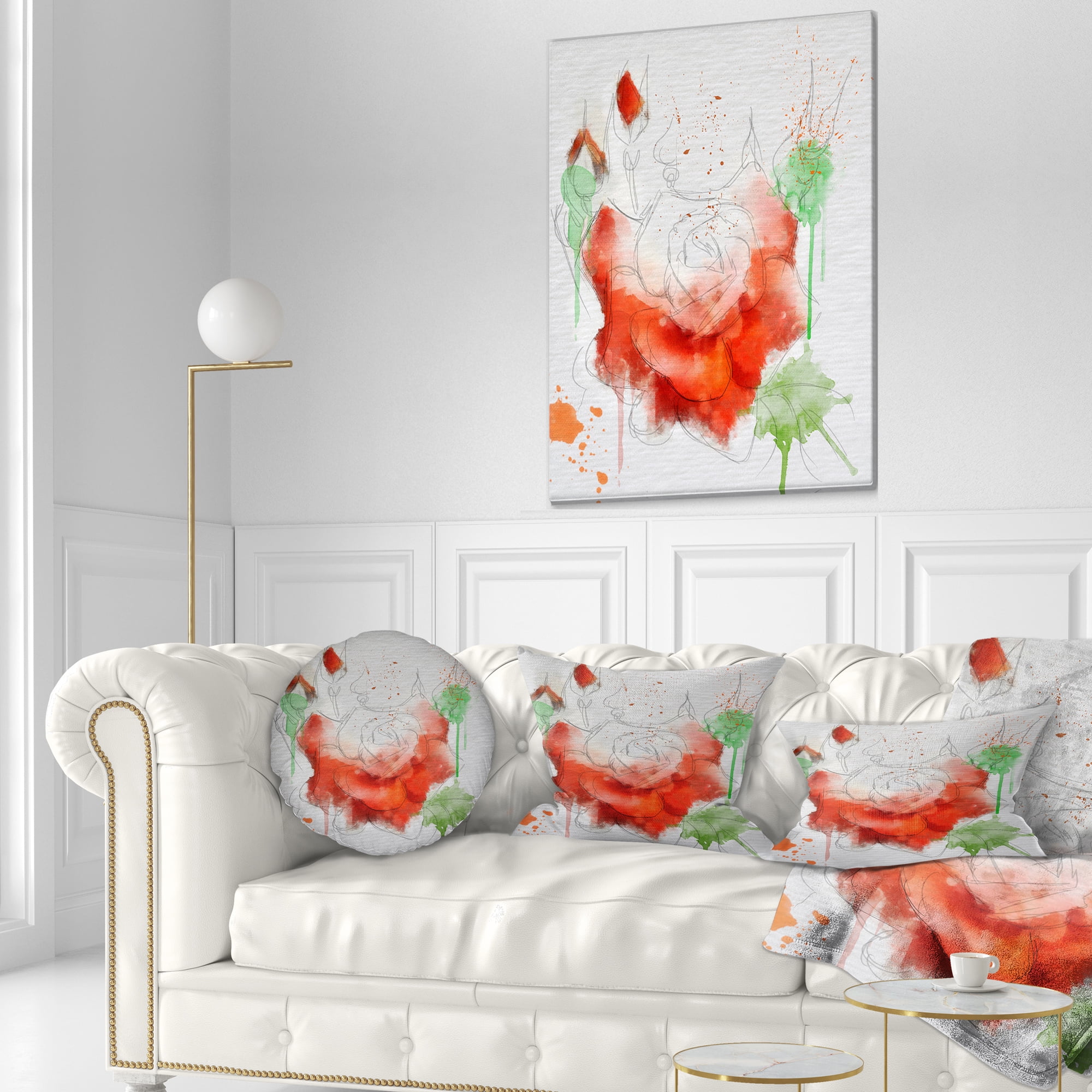 Designart Red Rose Illustration Watercolor - Floral Throw Pillow - 12x20
