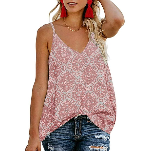 Pink Queen Women S Boho Floral V Neck Spaghetti Straps Tank Top Summer Sleeveless Shirts Blouse Walmart Com Walmart Com