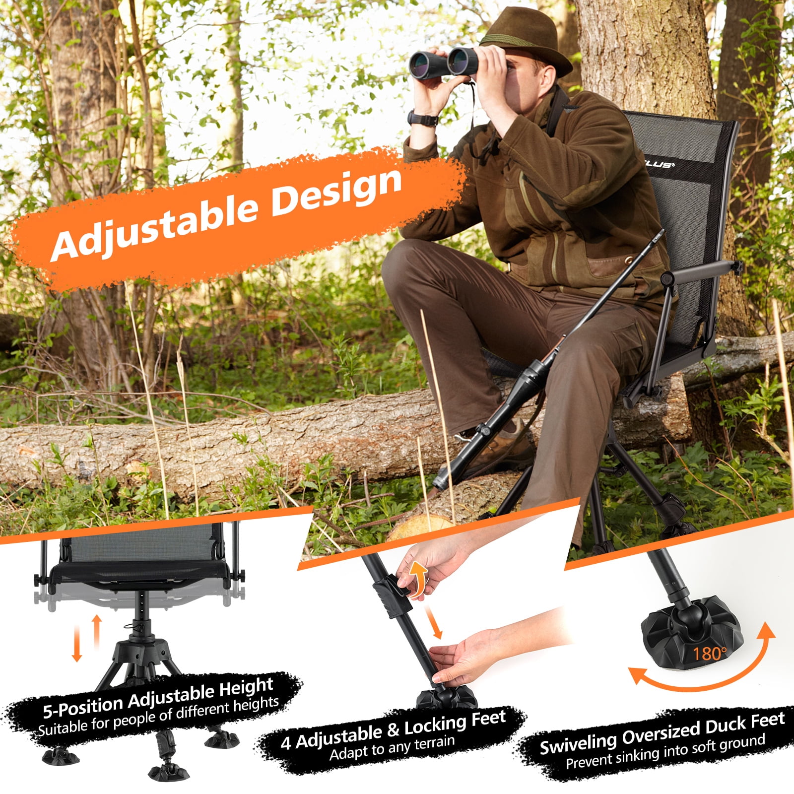 Topbuy 360° Swivel Blind Hunting Chair, Foldable & Portable Hunting Chair W/ Oversized Duck Feet Padded Armrests Mesh Back&Height Adjustable