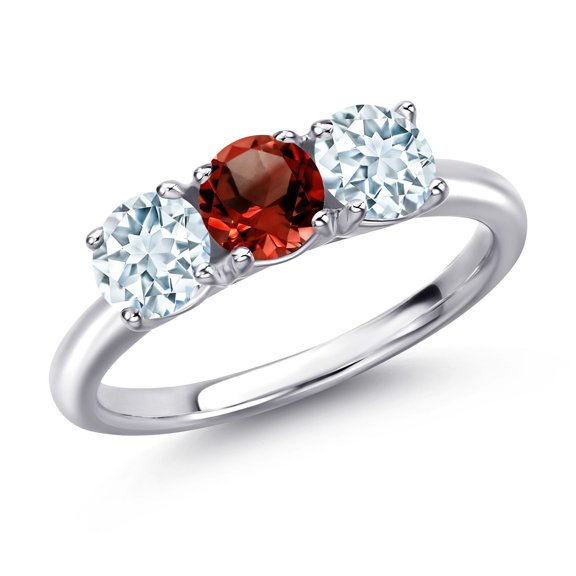 Gem Stone King 925 Sterling Silver Red Garnet and Sky Blue Aquamarine Engagement Ring for Women | 1.55 Cttw | Round 5MM | Gemstone January Birthstone | Size 7