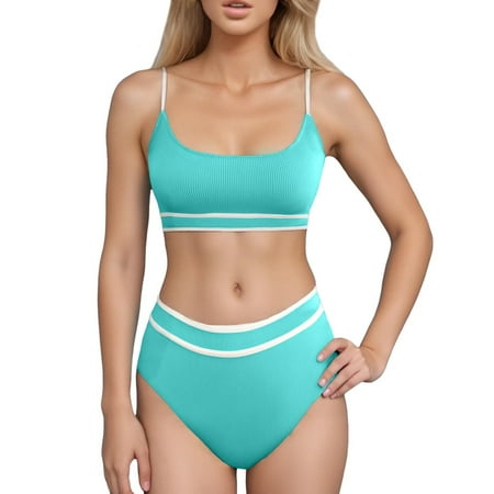 CAIVO Women Swimwear High Waisted Bikini Ribbed 2PCS Swimsuit High Cut Color Block Adjustable Straps Bathing Suit Versatile Beach Vacation Summer Swim Wear