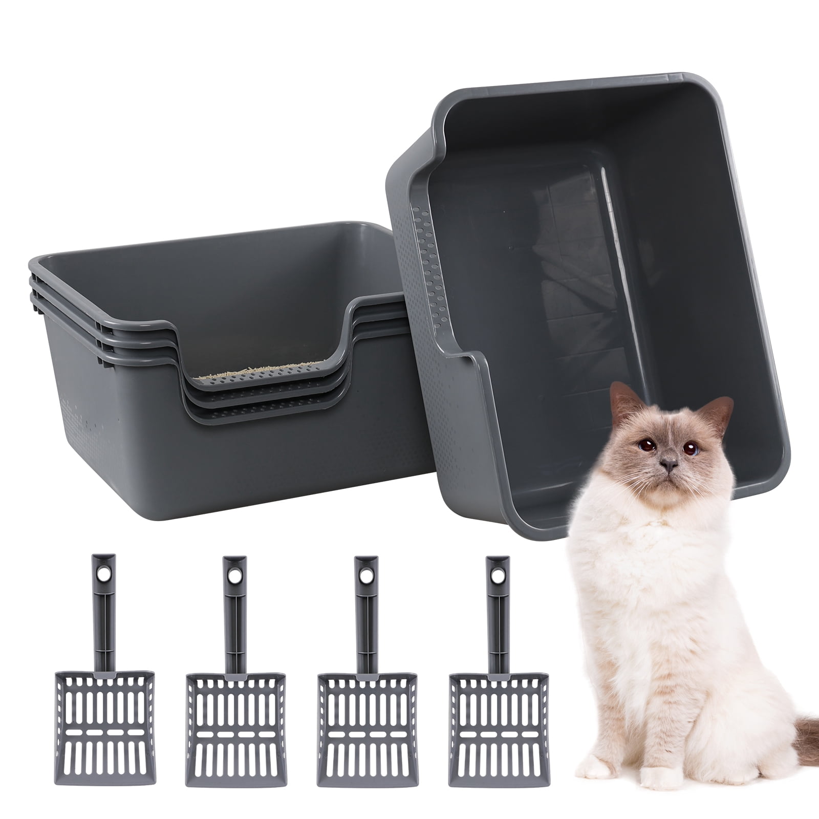 Xyskin Grey Plastic Open Top Cat Litter Box, Anti-Splashing Kitty Litter Box with Scoop, High Sides Cat Litter Pan, 4 Packs