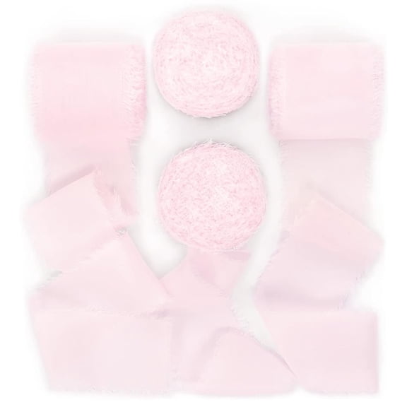 Ksopiavobs Blush Pink Handmade Fringe Chiffon Silk Ribbon 1-3/4" x 7Yd 4 Rolls Frayed Ribbons for Wedding Invitations Bridal Bouquets Wrapping