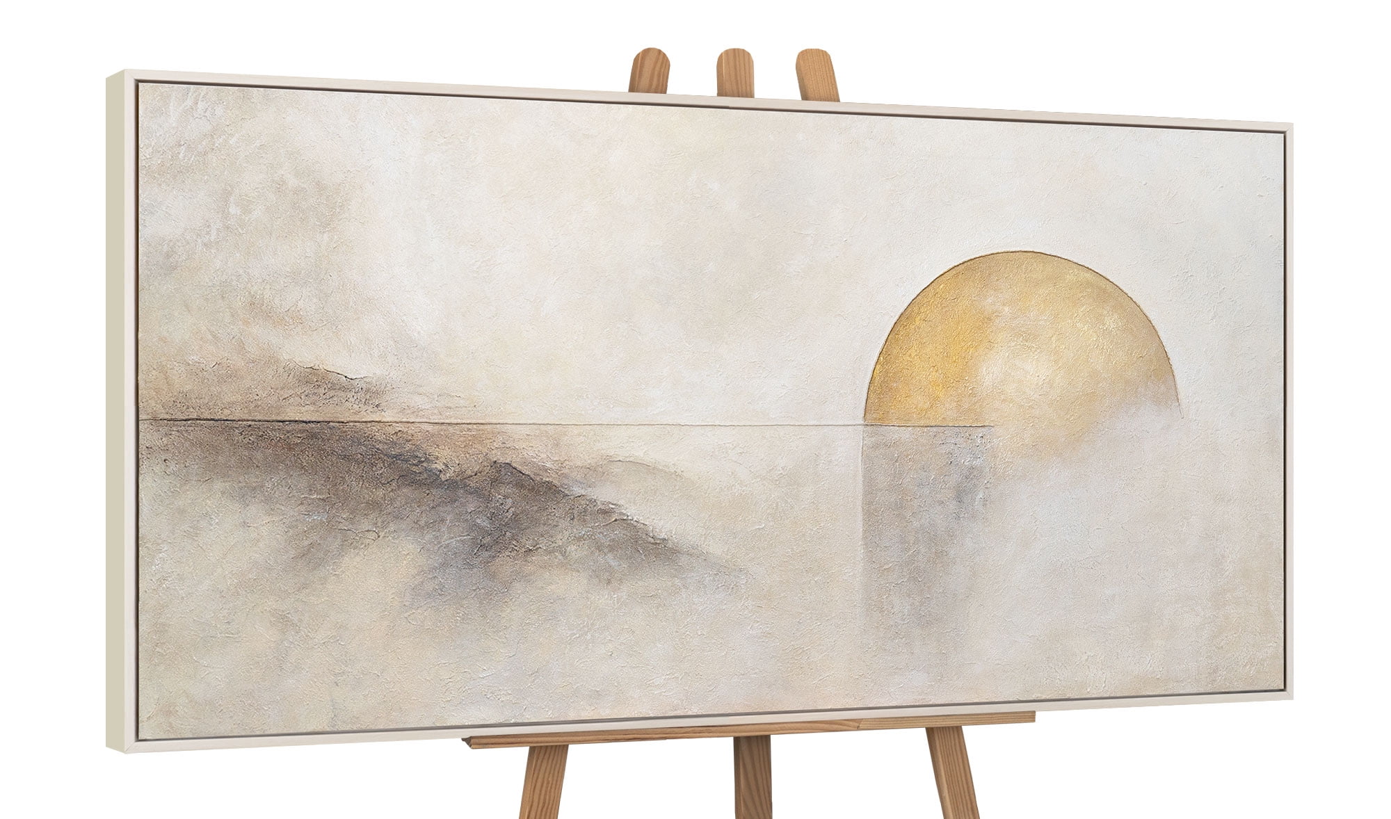 YS-Art Horizon Line Neutral Wall Art Texture Hand Painted Framed Wall Art Abstract Painting Beige Frame 48x24 in
