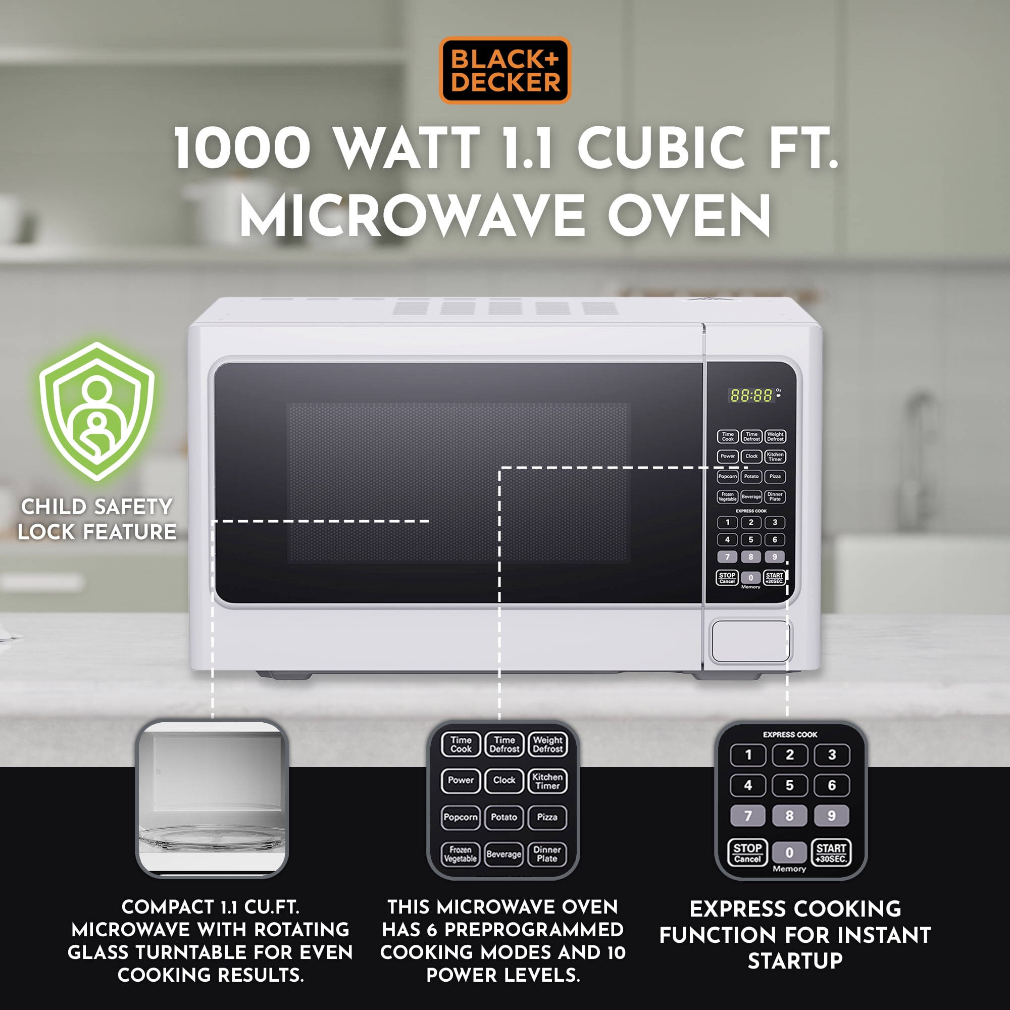 Black + Decker 1.1 Cu. Ft. 1000W Microwave, EM031M2SD