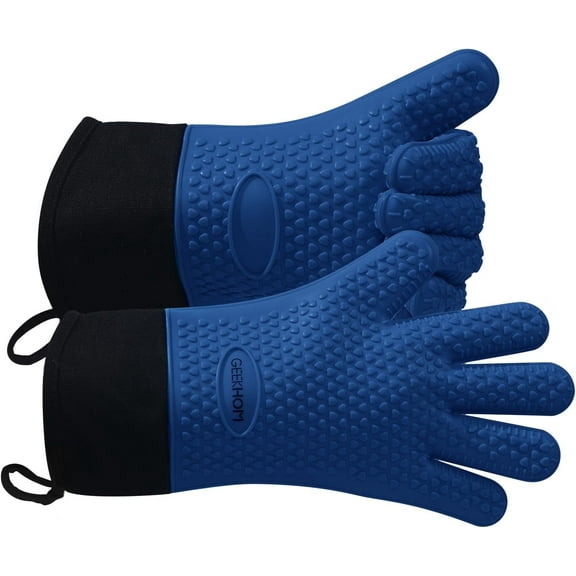 BBQ Gloves Heat Resistant Oven Mitts - Silicone Grilling Gloves with 13.7" Arm Protection - Waterproof Pot Holder Non-Slip for Men & Women, Kitchen Outdoor Cooking, Baking, Camping, Royal Blue