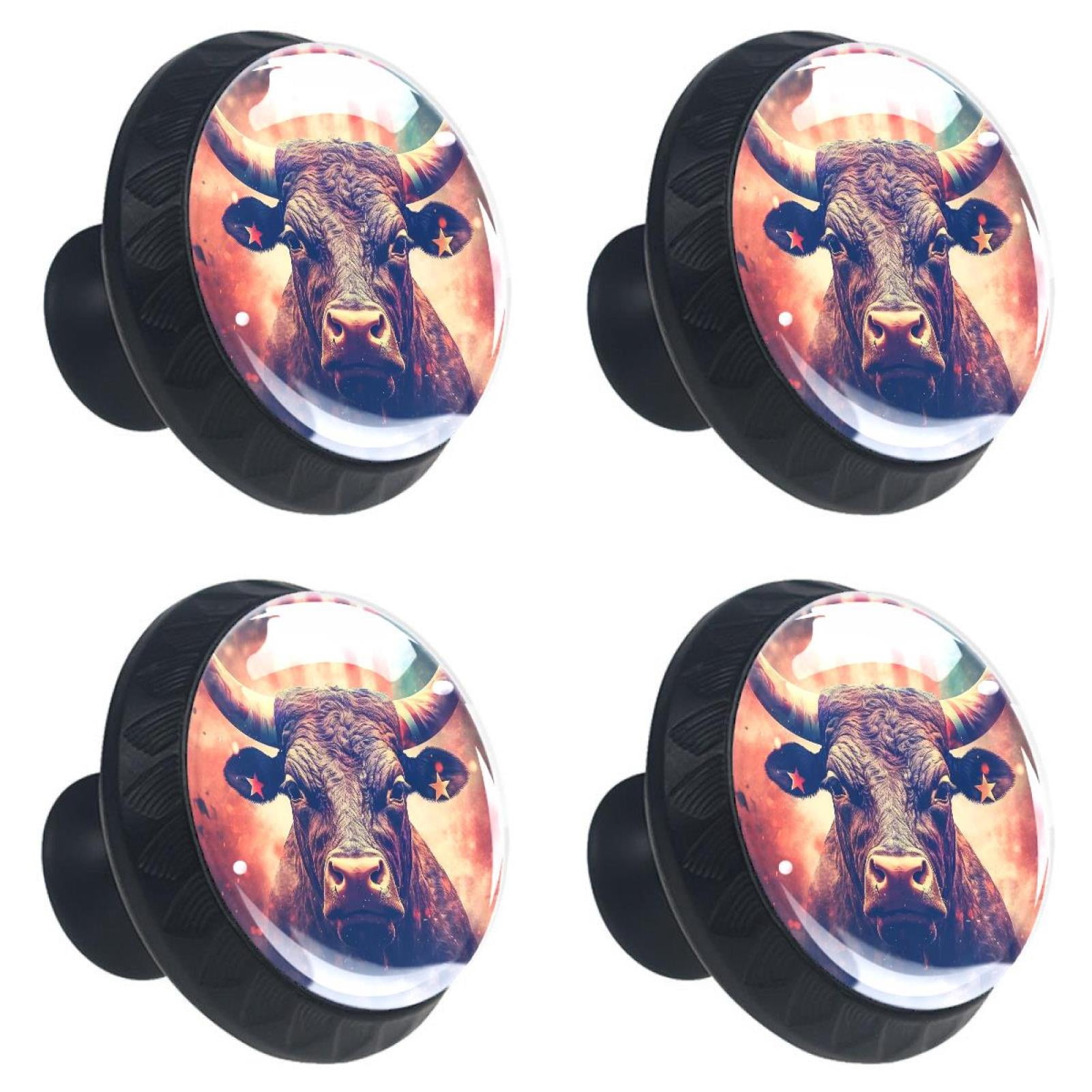 4 Pcs Cow American Flag Knobs for Kitchen Cabinet Cupboard Dresser Bookcase Drawer Pulls Handles Round Home Decor