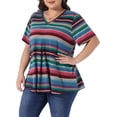 thumbnail image 4 of Agnes Orinda Women's Plus Size Babydoll Top V Neck Short Sleeve Multi-Color Striped Summer Casual Blouse 1X Rainbow, 4 of 6
