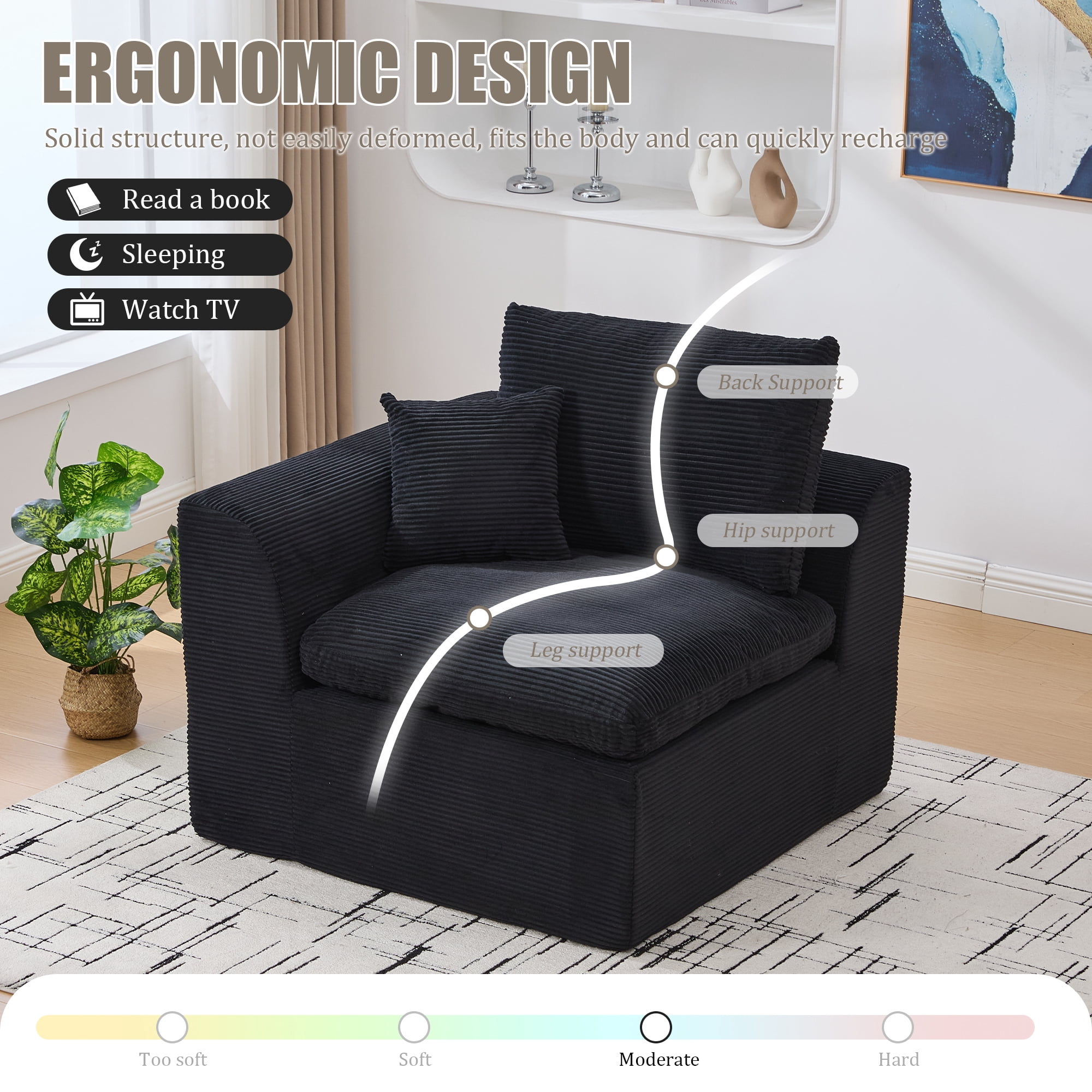 MOONMISS 80.3" Oversized Modular Sofa, Upholstered Corduroy 2 Seat Deep Seat Cloud Couch for Living Room Bedroom, No Assembly Required,Black