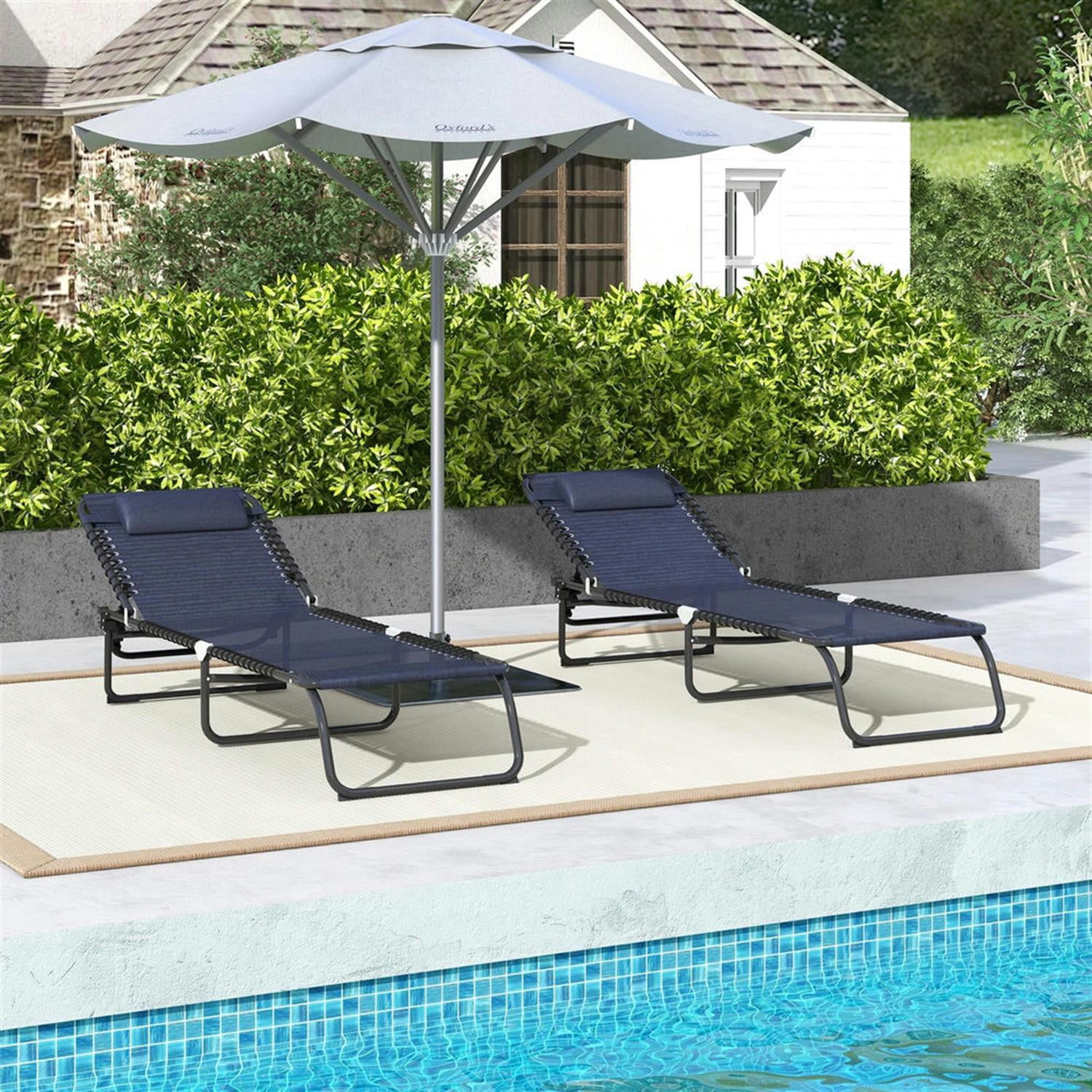 Demi Bonn Outdoor Folding Chaise Lounge Chairs Set of 2 with 4-Position Reclining Pillow-Back, Breathable Mesh Seat, Bungee for Pool, Beach, Patio, Navy