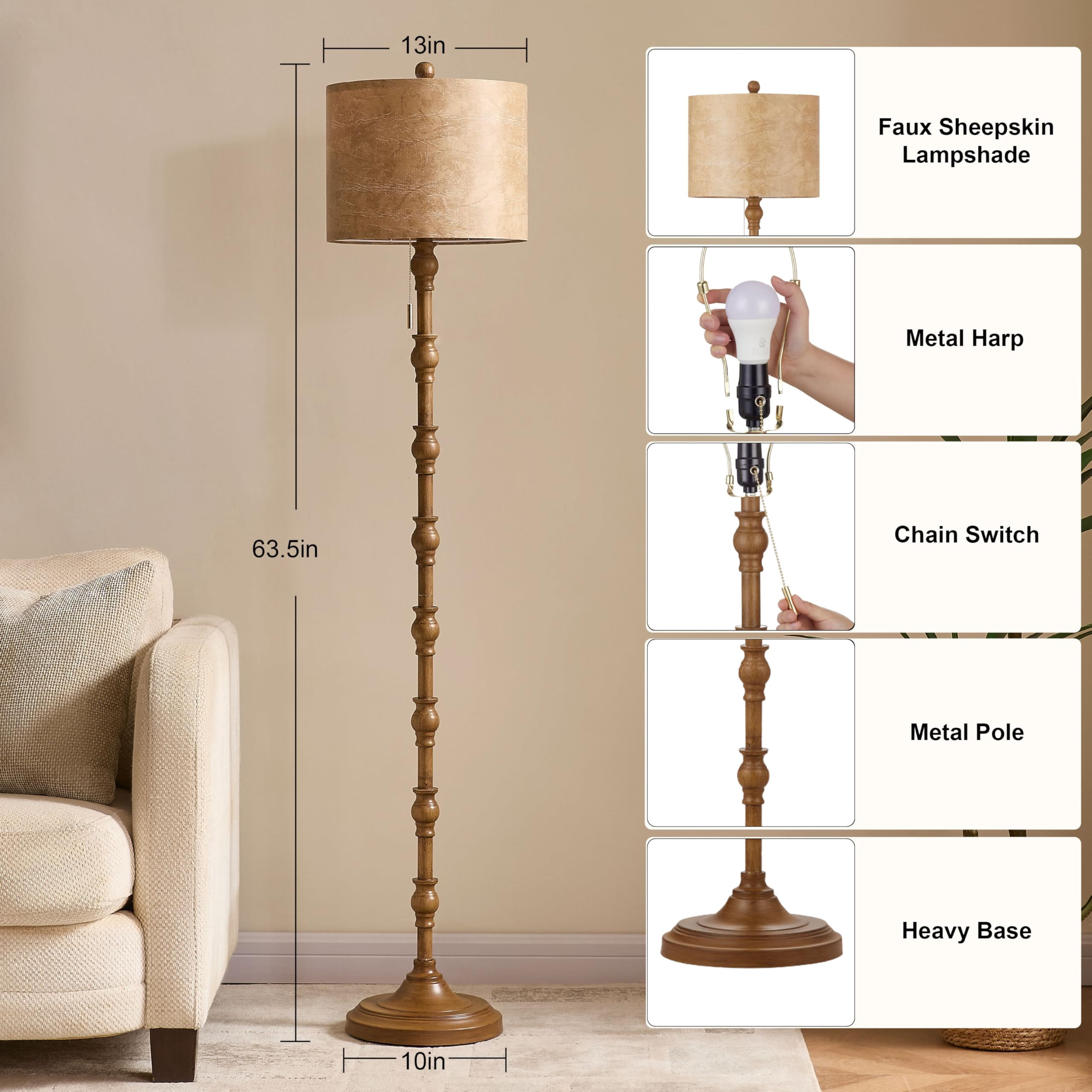 63.5'' Floor Lamps For Living Room  Farmhouse Lamp Bedroom With 3 Color Temperatures Vintage Standing Light Chain Bulb Included Brown