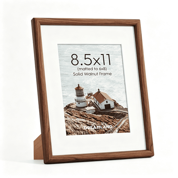 LQSEO 8.5X11 Matted to 6X8 Picture Frame Natural Wood Picture Frames Solid Walnut Wood Picture Frame Handcrafted Rounded Corner with Hd Tempered Glass Tabletop Or Wall Mount Display,1 Pack