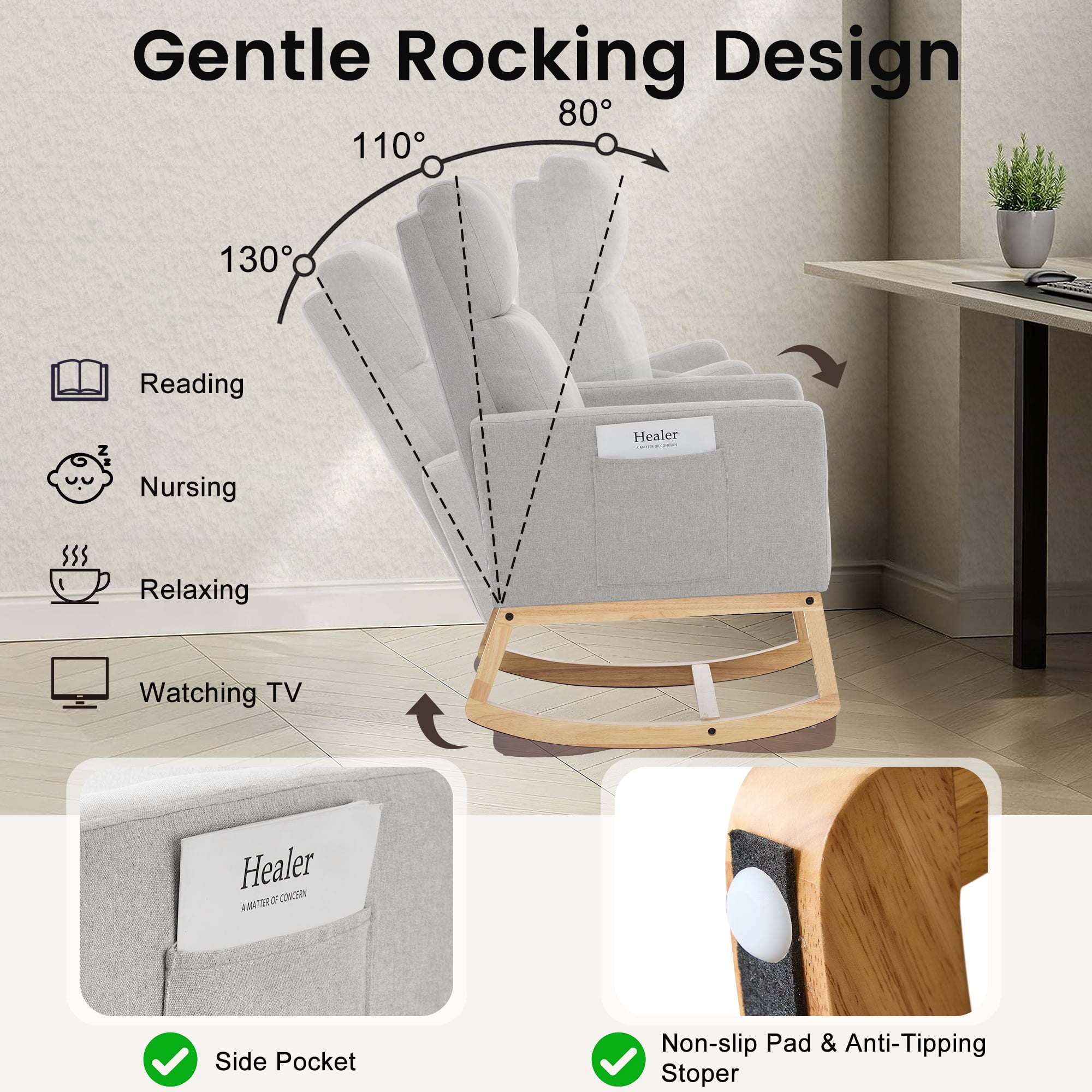 SAETSFEG Rocking Chair Nursery, Comfortable Upholstered Glider Rocker Chairs Indoor for Adults, Mid-Century Modern Nursing Accent Rockers for Living Room, Bedroom, LightGray