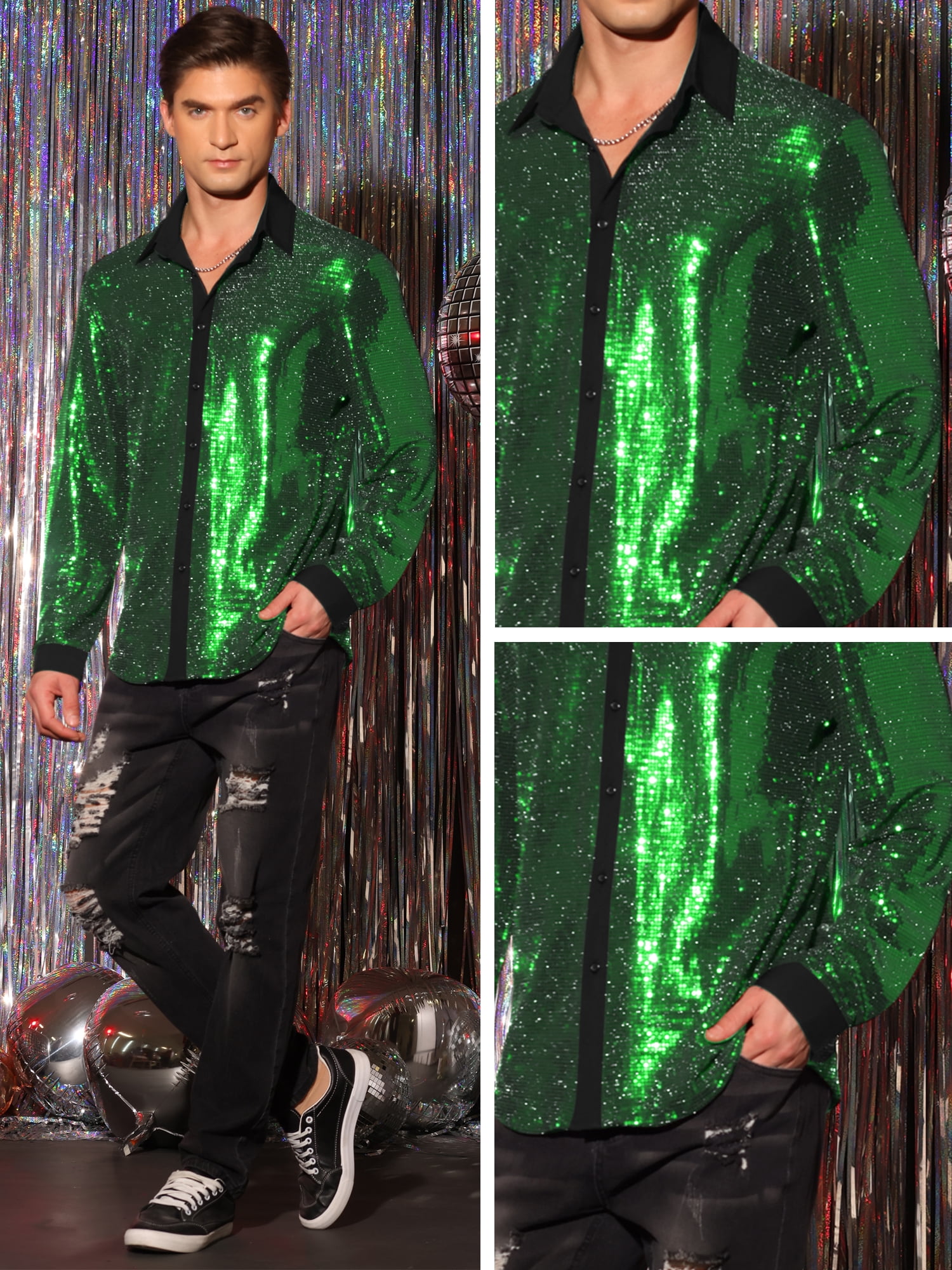 DARING DIVA Men's Sequin Long Sleeves Button Down Disco Metallic Shiny Shirts XL Green