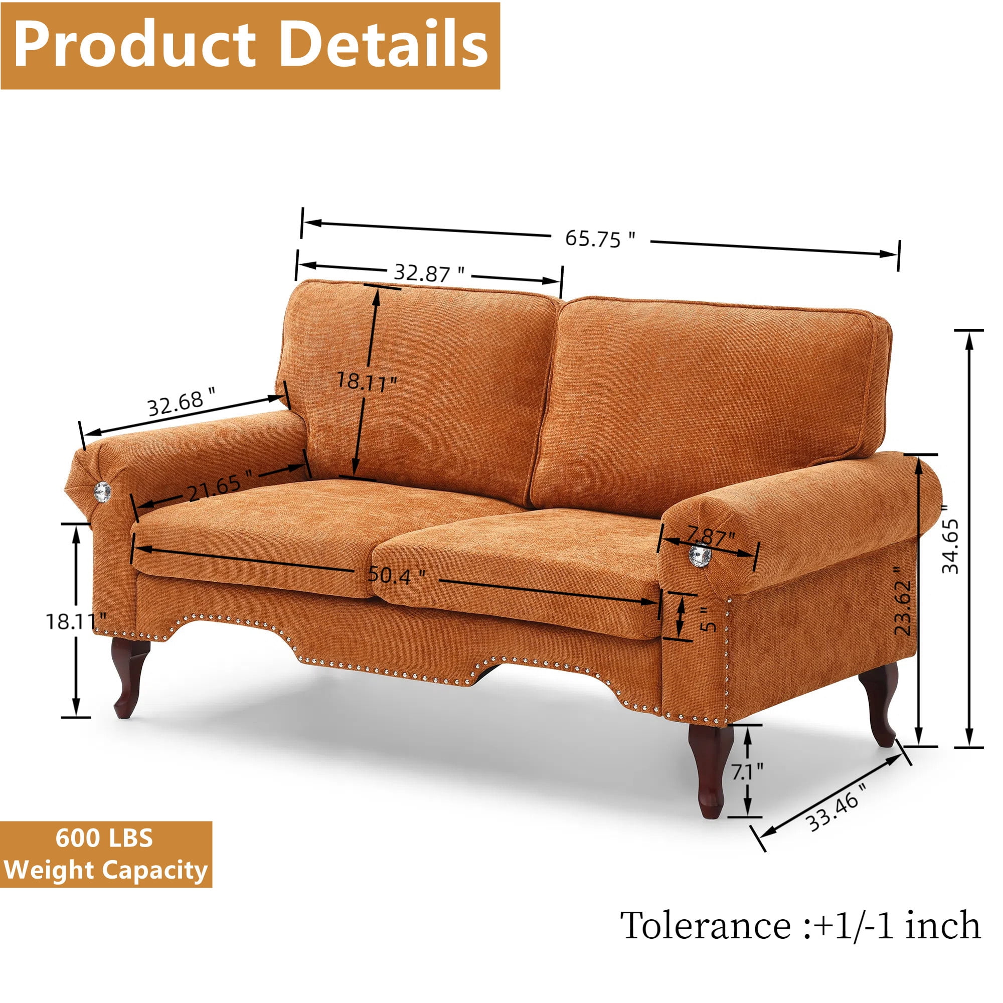 Aukfa 66" Small Sofa Deep Seat Couch with Crystal Button&Copper Nail, Roll Arm, Linen, Orange