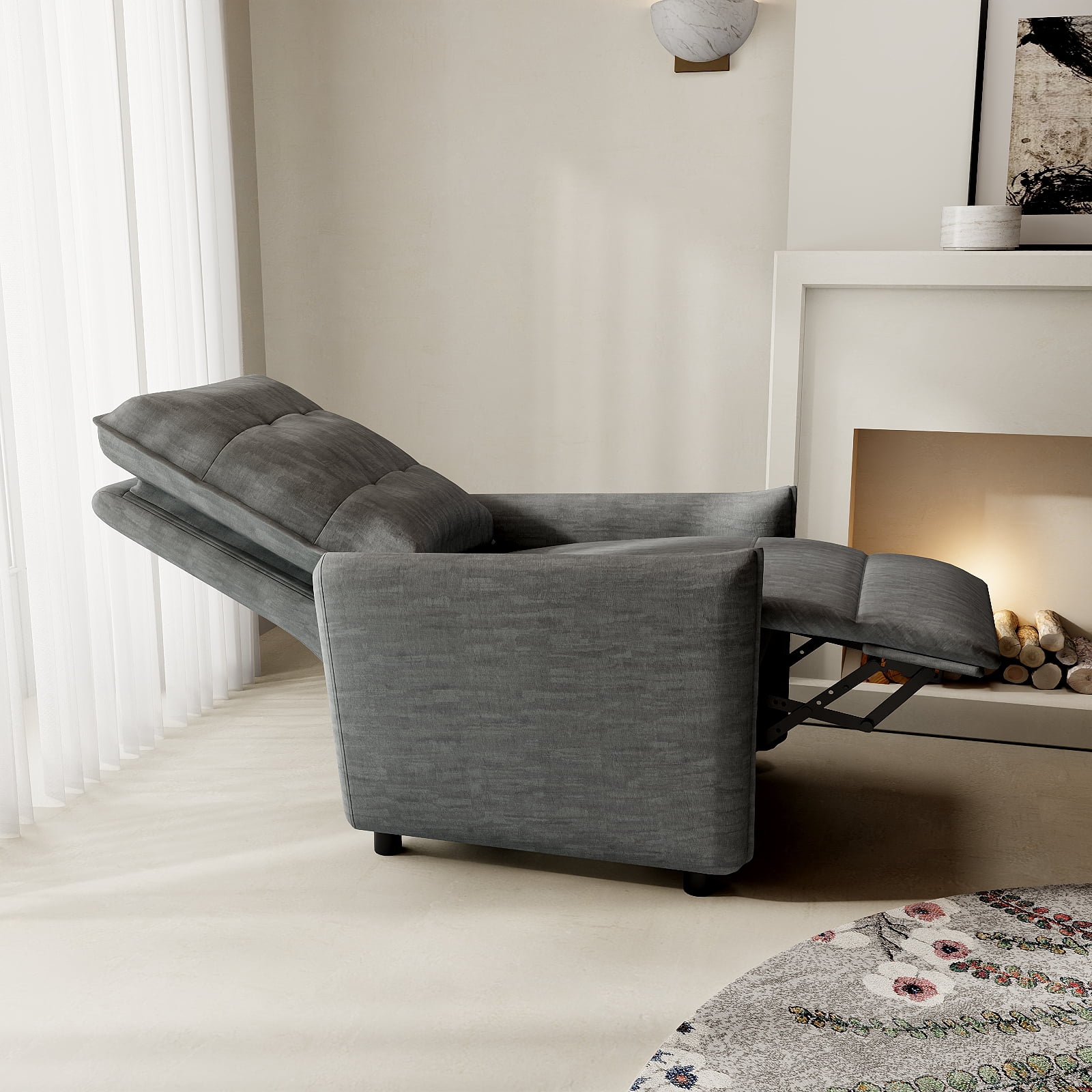 Chenille Fabric Recliner Chair with Manual Push Back Recline, Overstuffed High-Density Foam & Metal Frame, Adjustable Footrest for Living Room, Gray
