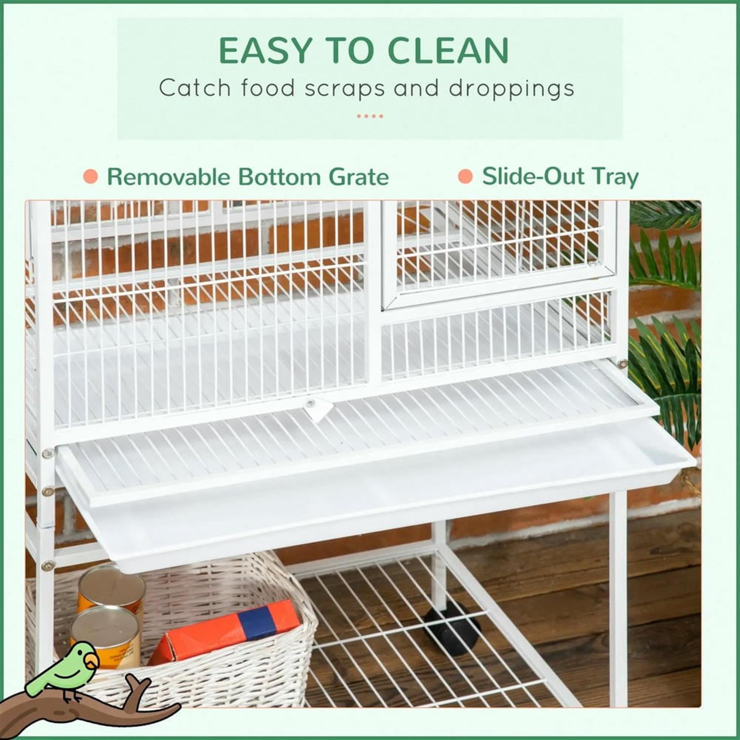 Kadyn 64" Height Large Flight Cage, Bird Cage with Rolling Stand, Hooks Above, Perch, Tray, Food Cups for Parrots Conures Lovebird Cockatiel Parakeets, White