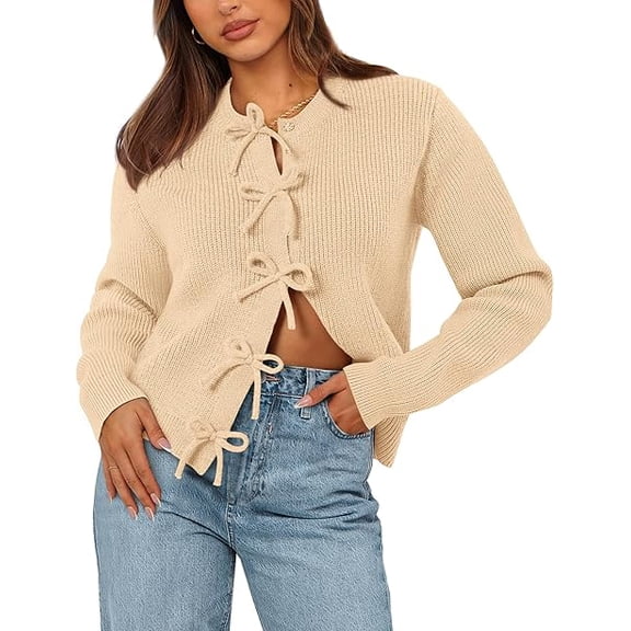 BTFBM Bow Cropped Cardigan Sweaters for Women Fall Winter Open Front Sweater Long Sleeve Button Fashion Spring Clothes