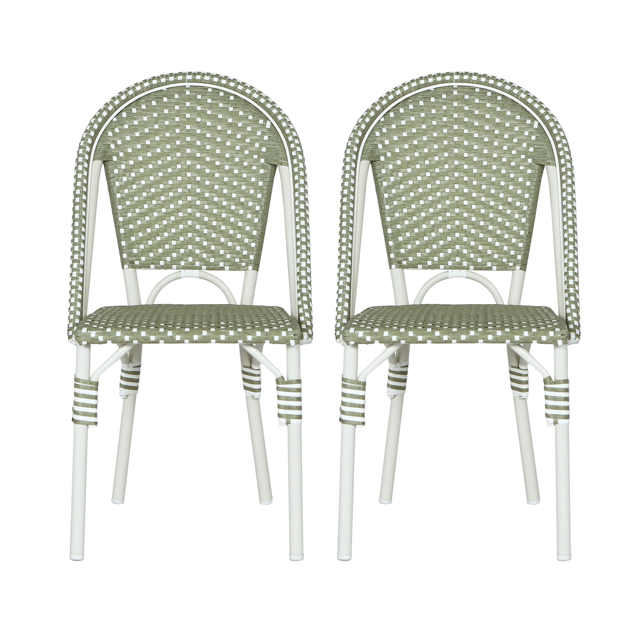 Christopher Knight Home Outdoor French Bistro Chairs, PE Rattan and Aluminum Frame, Green & White, Set of 2