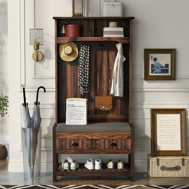33.5 Inch Hall Tree with 4 Hooks and Hinged Lid Coat Hanger Entryway Bench Storage Bench 3 in 1 Design Wooden Coat Racks with Storage for Living Room Entryway or Hallway Tiger Walmart