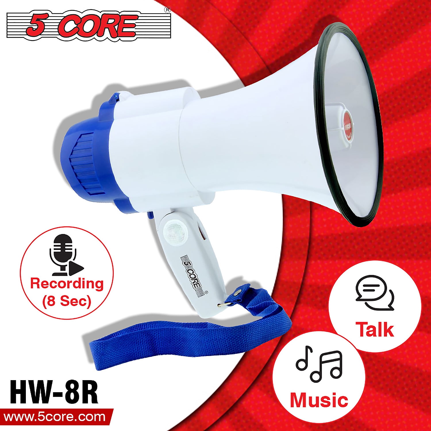 5 Core Megaphone Bullhorn Cheer Horn PA Mic Recording Siren Loudhailer