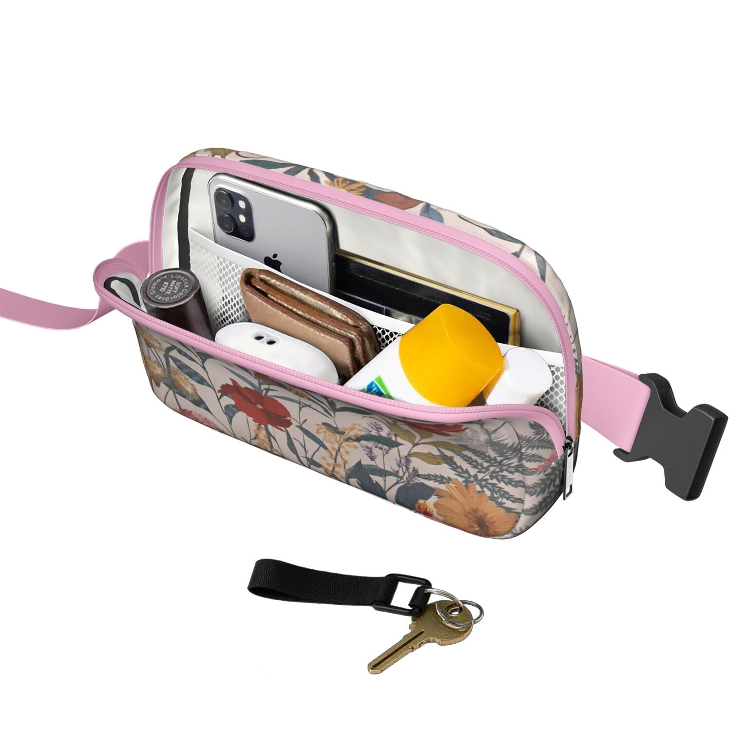 Bright Floral Fanny Pack – Summer Garden Waist Bag with Artistic Bloom, Peonies, Bees & Tropical Leaf Accents