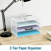 INTIGE 3 Tier Letter Tray Paper Organizer with Handle, Mesh Desk Organizer for Office Home, White