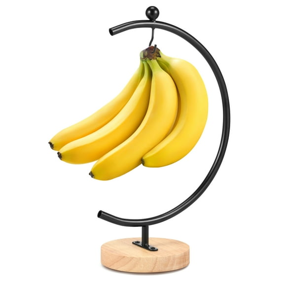 Banana Holder Stand Moon Shape Banana Hanger Rack Metal Fruit Hanger with Wood Base Stable Banana Hanger Stand Decorative Grape Stand Holder for Hanging Banana Grape