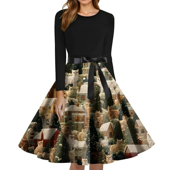 Christmas Dresses for Women Women's Fashion Round Neck Slim-Fit Christmas Print Long-Sleeved Dress for Christmas Party,Army Green,L