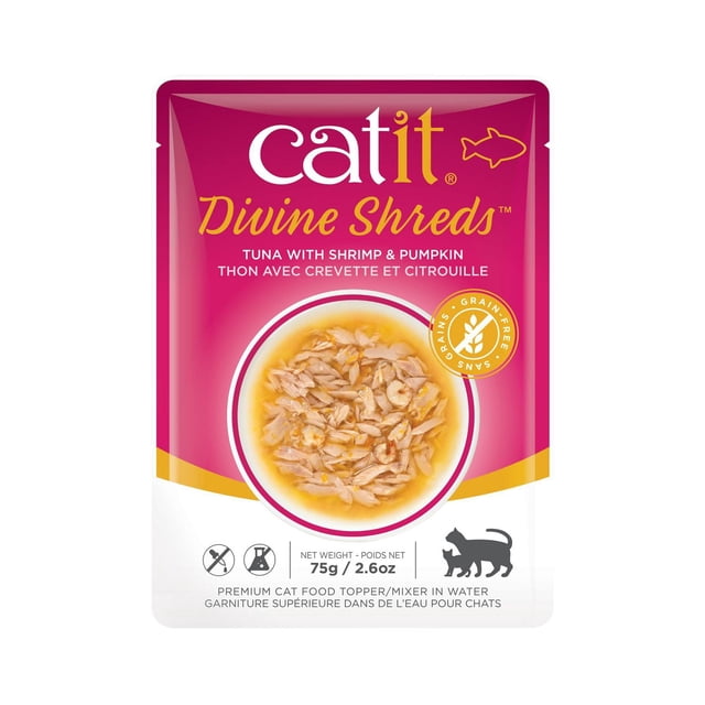 Catit Divine Shreds Thon avec Crevette & Citrouille Nourriture Humide pour Chats 75 g