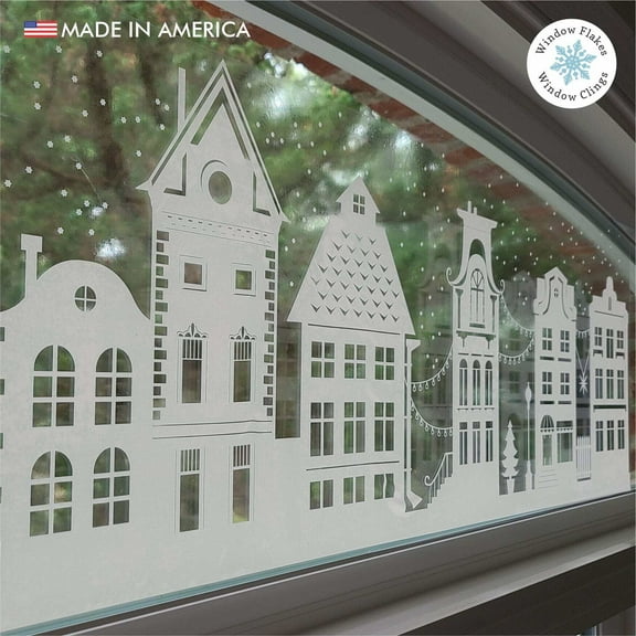 Window Flakes Large 47" Christmas Street Scene Border Window Cling Art, White Vinyl Decal Decoration