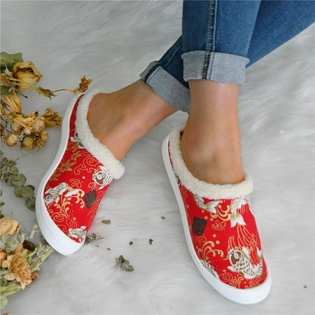 

uikmnh Slippers for Women Women s Canvas Shoes Vulcanize Soft Autumn Loafers Flat Shoes Add Velvet To Keep Warm Slippers Casual Shoes Red 6.5