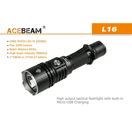 - Acebeam L16 2000 Lumens LED Tactical Flashlights Rechargeable With Battery Beam Distance 603 Meters