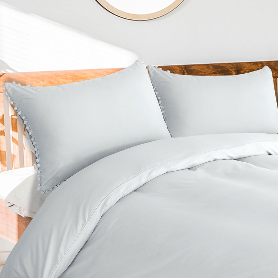 PiccoCasa Pompoms Brushed Microfiber Duvet Cover Set,3 Piece, Twin Gray