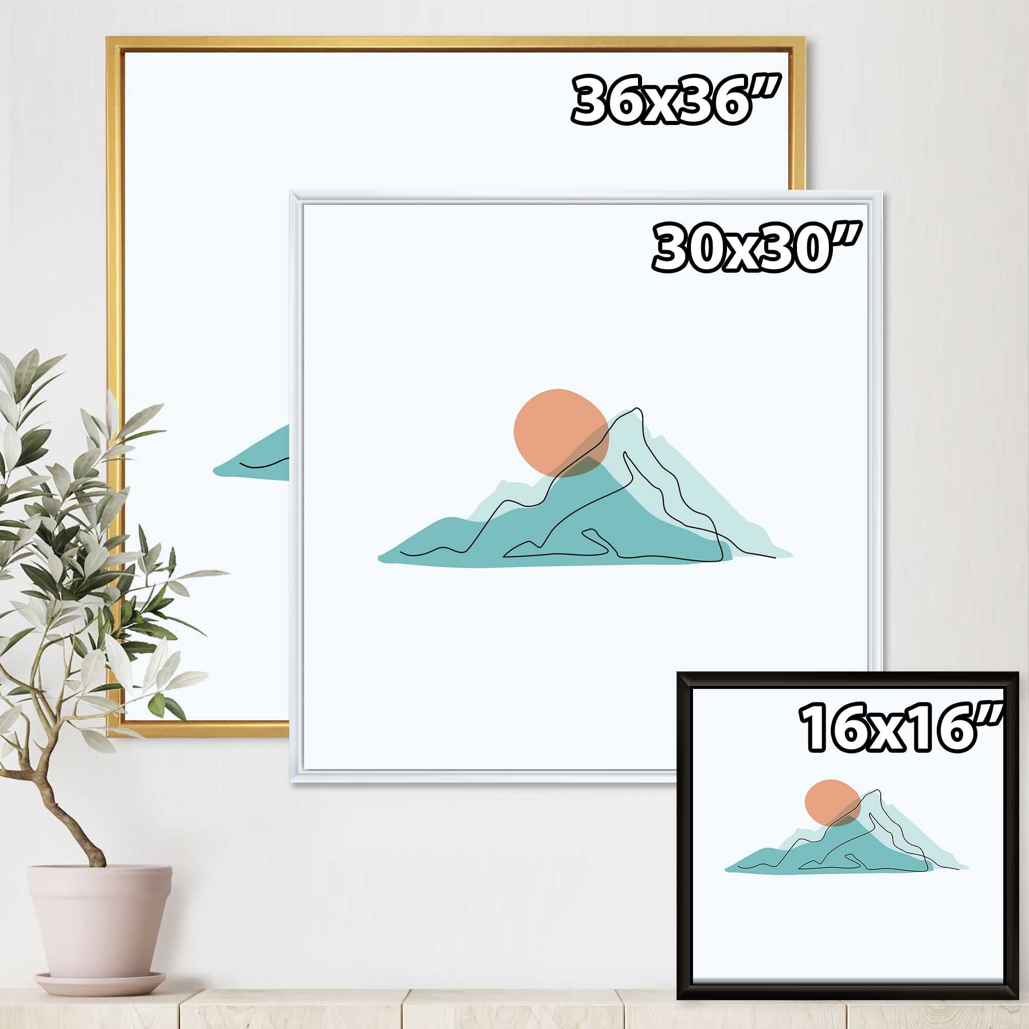 Designart 'Abstract Blue Mountains With Red Moon II' Modern Framed Canvas Wall Art Print