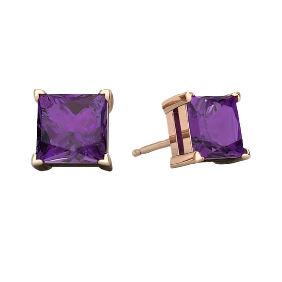14k Rose Gold Push Back 4mm Princess Cut Plated Amethyst Created Stud Earrings by Paris Jewelry