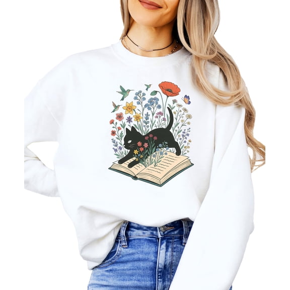 Black Cat Book Lover Sweatshirt for Adults & Kids Whimsical Floral Bookworm Sweater for Reader White Sweatshirt Adult X-Large