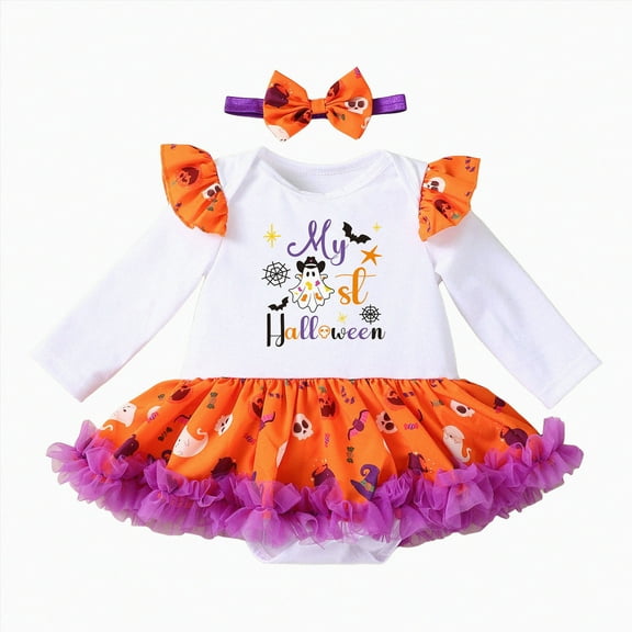 HCNTES My 1st Halloween Baby Girl Outfits Letter Pumpkin Print Romper Suspender Skirts Headband Socks(Khaki#2,6-9 Months)