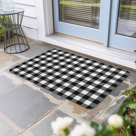 Black White Plaid Door Mat Indoor Outdoor, Modern Simple Buffalo Check Gingham Non Slip Welcome Mat with Rubber Backing, Absorbent Fabric Front Door Mats Entryway Rug for Home Patio Entrance 18"x30"