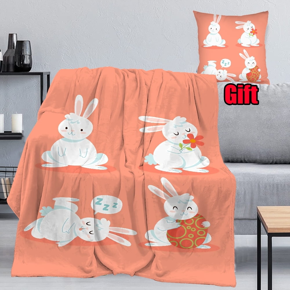 Dicasser Happy Easter Bunny Throw Blanket With Pillowcase Colorful