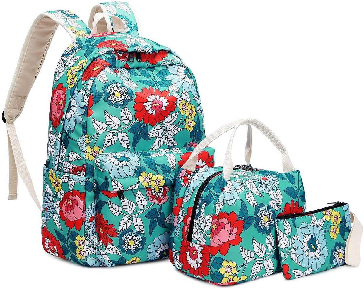 Casual School Backpack Coral and Green Floral Print Laptop Rucksack Multi-Functional Daypack Book Satchel
