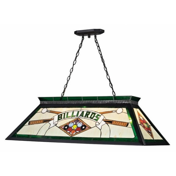 4 Light Tiffany Billiard Light with Pool Balls and Cue on Green and White Art Glass with Matte Black Frame. Bailey Street Home 372-Bel-1288636