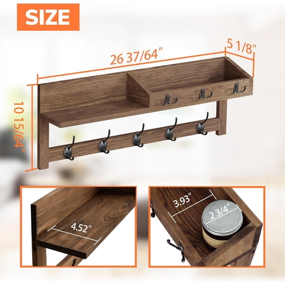 Wall Hooks with Shelf, 26.57 Inch Entryway Wood Coat Hooks for Wall with Shelf, Coat Rack Wall Mount with 5 Dual Hooks 3 Key Hooks Mail Organizer and Key Rack Holder (Brown)