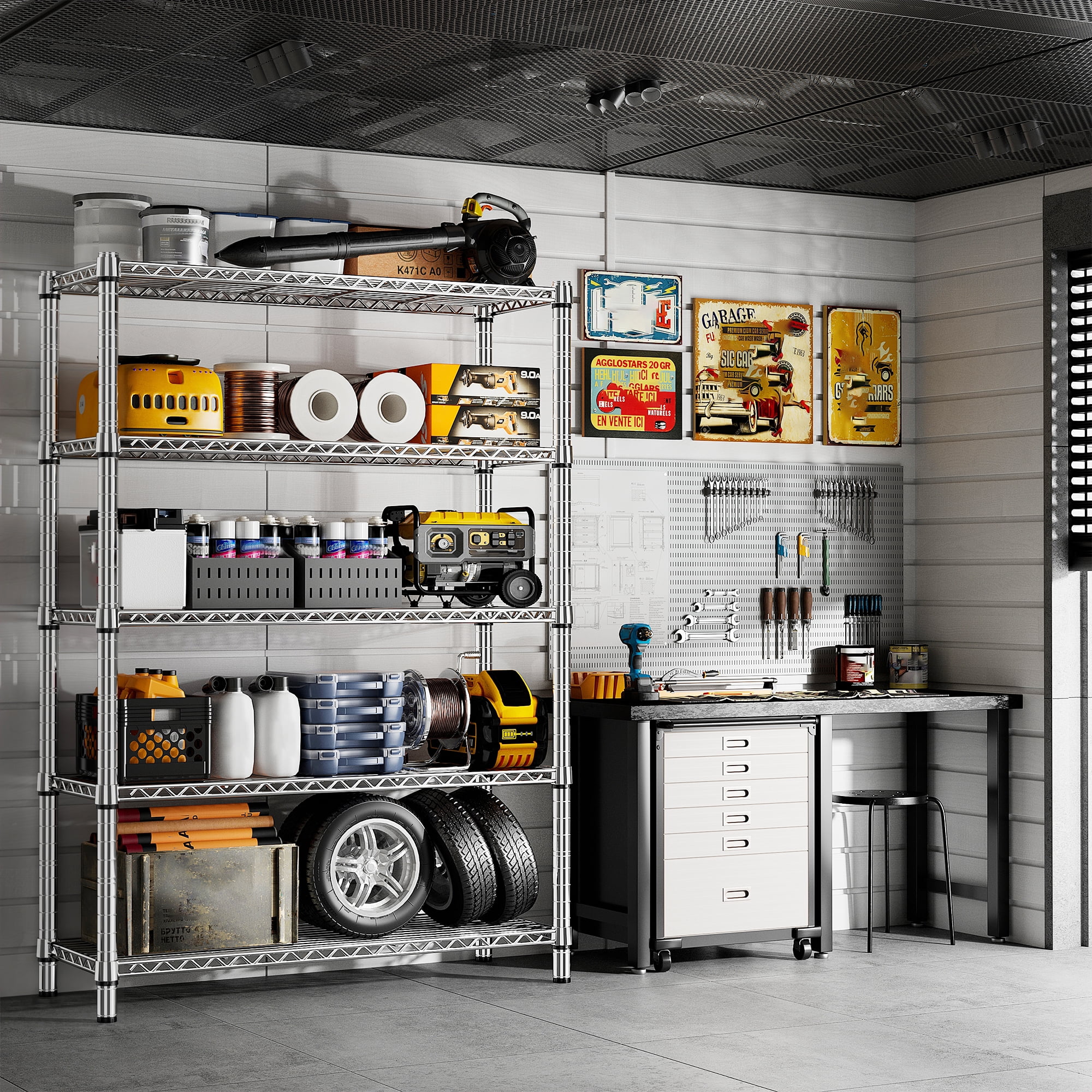 REIBII 5-Tier Storage Shelves Wire Shelving Unit Loads 1200lbs,35.5"Wx71"Hx14"D Heavy Duty Adjustable Storage Rack for Garage,Pantry Shelf,Kitchen Shelving,Chrome